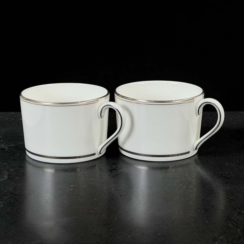 Vera Wang Wedgwood Fidelity Bone China Tea Cups Platinum Band Set of 2 White